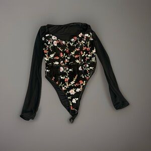 Black Floral Embroidered Long Sleeve Bodysuit Sz L